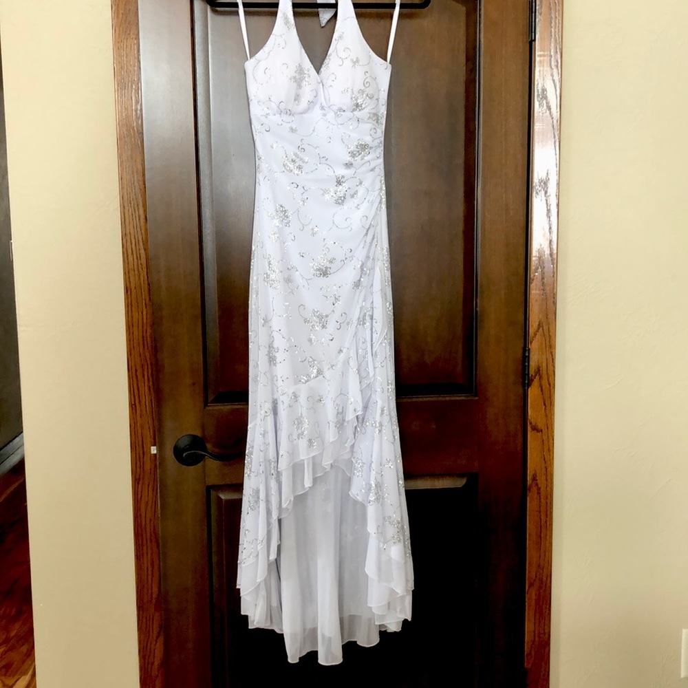 White Silver Glitter Halter Long Dress